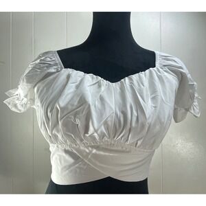 LYANER White‎ Crop Top Blouse Tie Waist Square Neck Ruffle Sleeve Women's Medium